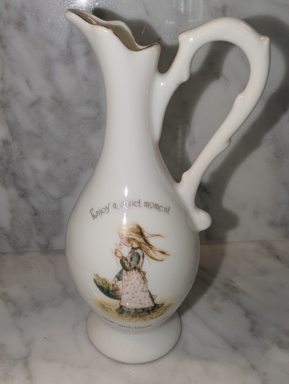 Holly Hobbie Retro 1974 Porcelain Mini Pitcher 5.5" - Gold Trim - Made In Japan